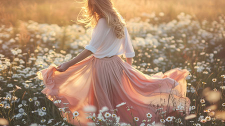Stunning girl in a white shirt and pink skirt, in a field of white daisies, peaceful and beautiful settingの素材