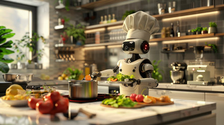 Robot chef in a modern kitchen, wearing a chef's hat and uniform, preparing food with various ingredients on the countertopの素材
