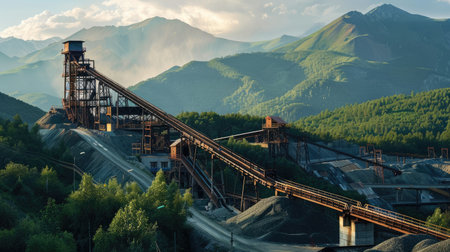 Evening light on an industrial mining facility with conveyor belts, lush green mountains in the backgroundの素材