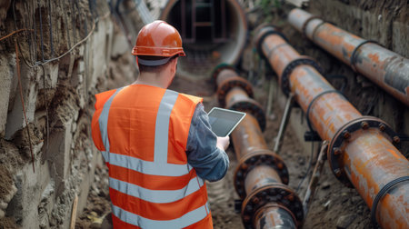 Construction site with an engineer in safety vest checking large pipes in a trench, tablet in hand for documentationの素材