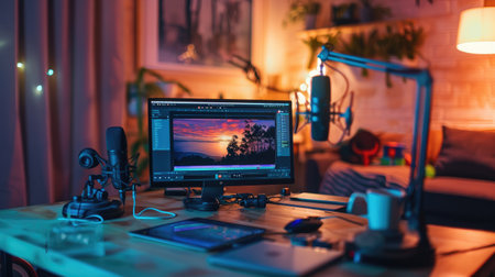 Cozy podcast studio setup with a microphone and laptop displaying editing software, bathed in warm ambient light, ready for content creationの素材