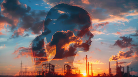 Double exposure silhouette of girl overlaid with industrial landscape, dramatic sky and clouds, powerful visual contrastの素材