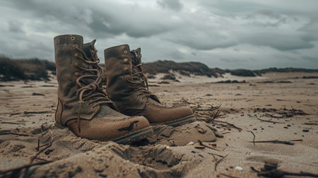 Vintage military boots on a sandy beach, under an overcast sky, capturing a somber, historical moodの素材