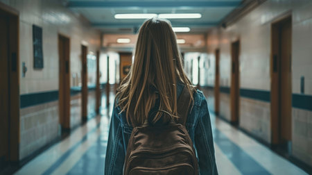 Girl walking through an empty school hallway with a backpack, evoking calmness and quietの素材