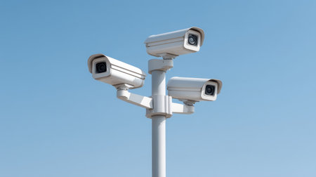 A trio of modern security cameras positioned on a pole captures clear images against a bright blue sky, highlighting the importance of surveillance technology in modern safety.の素材