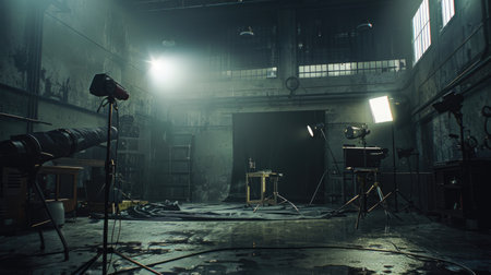 Industrial film set with professional lighting equipment and a dark backdrop, preparing for a shoot in a moody, atmospheric settingの素材