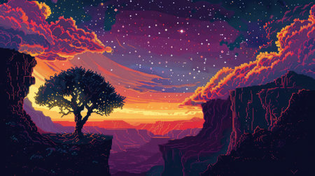 Pixel art sci-fi scene with a tree, canyon, and a sky transitioning from sunset to stars and deep spaceの素材
