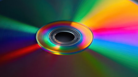 A brilliant close-up of a compact disc revealing colorful reflections and a vibrant spectrum of light. The glossy surface plays with light, creating stunning patterns.の素材