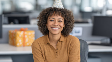 A joyful woman with curly hair wearing a festive party hat smiles warmly in a modern office, celebrating with colleagues as colorful gifts adorn the background.の素材