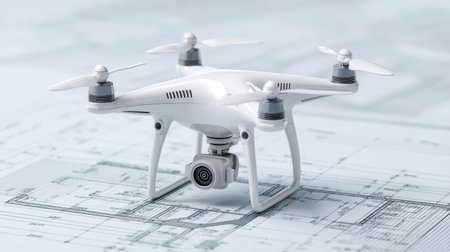 A sleek white drone equipped with a camera is positioned on detailed blueprint paper, symbolizing the intersection of cutting-edge technology and design innovation.の素材