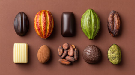 This image showcases a beautiful arrangement of assorted handcrafted chocolates, highlighting their vibrant colors and artistic designs against a rich brown background.の素材