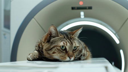 A curious cat lies calmly on the scanning table of a modern MRI machine, ready for a scan, capturing the unique scenarioの素材