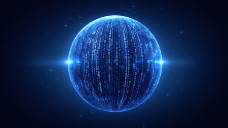 A mesmerizing glowing sphere emitting binary code against a deep blue background. This abstract image symbolizes data flow, technology, and futuristic concepts in visual design.の素材