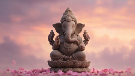 A beautiful Ganesh statue rests atop a floral arrangement of soft pink petals, perfectly complementing a serene sunset backdrop that enhances its spiritual essence.の素材