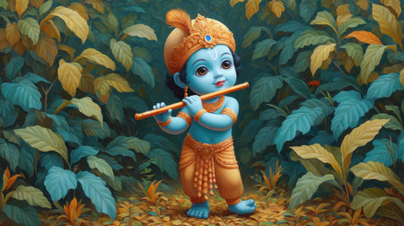 This enchanting image features a young divine boy playing a flute amidst lush green foliage, radiating innocence and creativity in vibrant colors. Perfect for celebrating childhood and nature.の素材