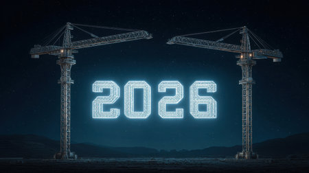 A captivating image showcasing two towering cranes in a futuristic construction site under a starry sky, illuminating the year 2026, symbolizing innovation and development.の素材