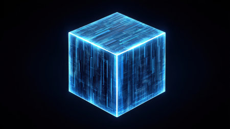 This image showcases a luminous blue cube with intricate digital patterns against a dark backdrop, symbolizing technology, innovation, and modern design.の素材