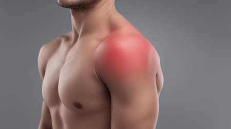 This image shows a close-up view of a male shoulder with visible redness, suggesting pain or discomfort in the upper arm, ideal for health and wellness topics.の素材