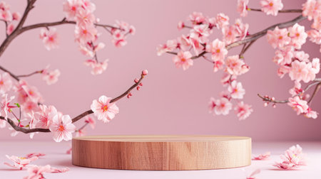 Elegant display with a wooden podium and cherry blossoms on a soft pink background, perfect for showcasing productsの素材