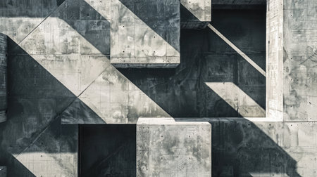 Abstract concrete yard with shadows cast by surrounding buildings, creating an intriguing background with depth and textureの素材