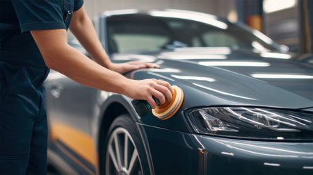 A professional automotive worker meticulously polishes the surface of a car in a vibrant workshop, highlighting the art of car detailing and maintenance.の素材