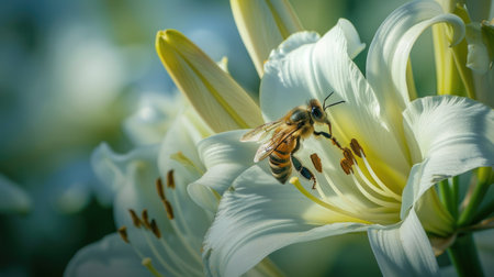 A bee diligently gathering nectar from a white lily, the elegant petals providing a stunning backdrop to the busy insectの素材