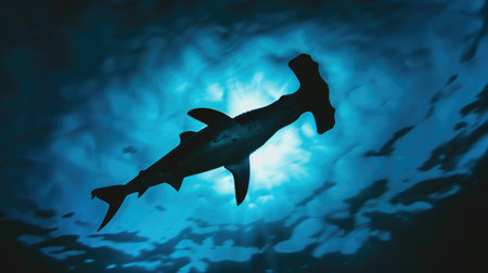 A hammerhead shark navigating the ocean depths, its unique head shape silhouetted against the azure backgroundの素材