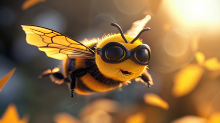 A cute cartoon bee dressed as a superhero, flying with a cape and mask, ready to save the dayの素材