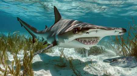A hammerhead shark hunting in shallow waters, its sharp teeth clearly visible as it targets a stingrayの素材
