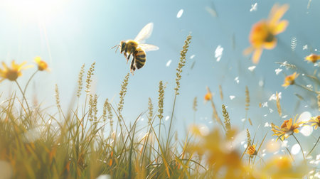 A bee darting through a sunny field, with tall grass and wildflowers moving in the breezeの素材