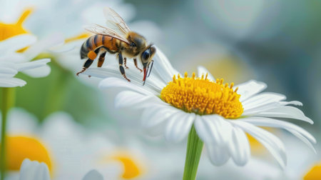 A bee perched on a delicate daisy, drinking nectar, the white petals and yellow center creating a charming sceneの素材