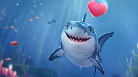 A charming cartoon shark with a heart-shaped bubble above its head, expressing love and joy underwaterの素材