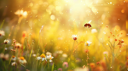 A bee darting through a sunny field, with tall grass and wildflowers moving in the breezeの素材