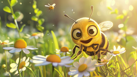 A charming cartoon bee in a garden, collecting nectar from flowers with a happy expressionの素材