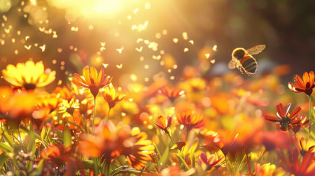 A bee in flight over a lush field of blooming flowers, bathed in warm sunlight and swaying in the breezeの素材