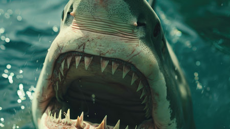 A close-up of a shark's mouth, showing sharp teeth in detail as it prepares to strike its preyの素材