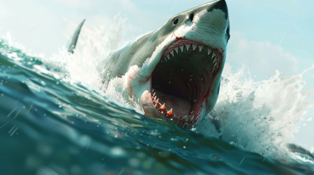 A great white shark with its mouth open wide, showcasing razor-sharp teeth as it hunts a seal in the oceanの素材