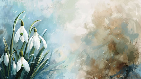 A delicate painting of snowdrops, with a blank area for text along the bottom or sideの素材