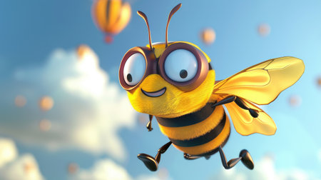 A cute cartoon bee dressed as a superhero, flying with a cape and mask, ready to save the dayの素材