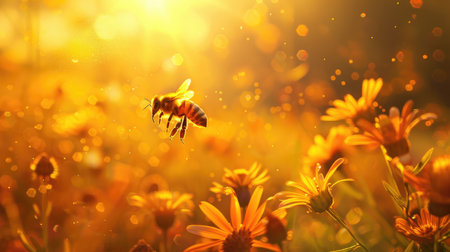 A picturesque meadow with a bee flying among the flowers, captured in golden sunlight and gentle windの素材