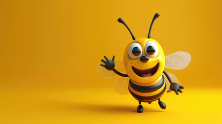 A lovable cartoon bee character, waving hello with a big smile, against a simple, bright backgroundの素材