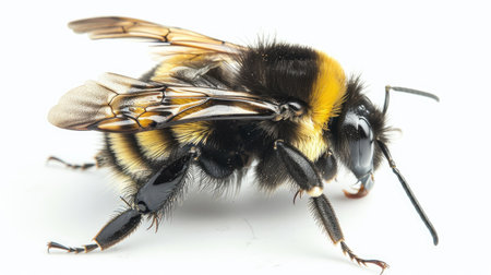 A high-resolution image of a bumblebee perched on a white background, showcasing its striped abdomen and delicate wingsの素材