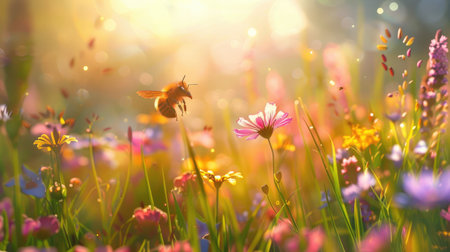 A honeybee buzzing through a vibrant meadow, surrounded by colorful wildflowers, with sunlight streaming and a gentle breezeの素材