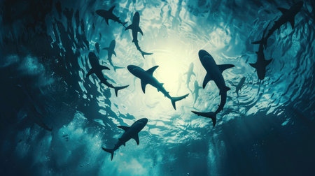 A group of sharks swimming in synchrony, their movements creating a dynamic and captivating scene in the open seaの素材