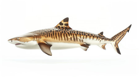 A detailed side view of a tiger shark, showcasing its distinctive stripes and sharp fins against a white backgroundの素材