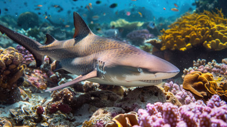 A close-up of a nurse shark swimming along a reef, with its textured skin and gentle movements highlighted by the underwater sceneryの素材