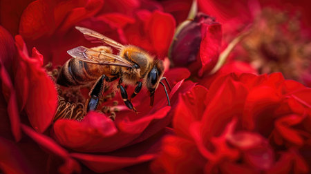 A honeybee delicately sipping nectar from a vibrant red rose, capturing the intricate details of both the flower and the beeの素材