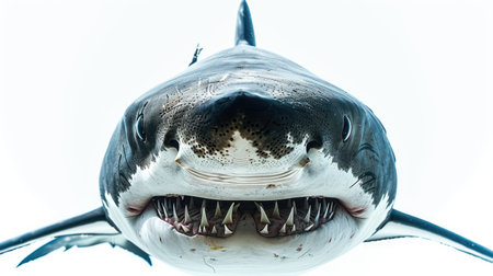 A front-facing view of a shark, highlighting its eyes and sharp teeth, clearly defined against a white backgroundの素材