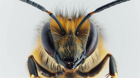 A stunning close-up of a bee head, with its antennae and eyes in perfect detail against a white backgroundの素材