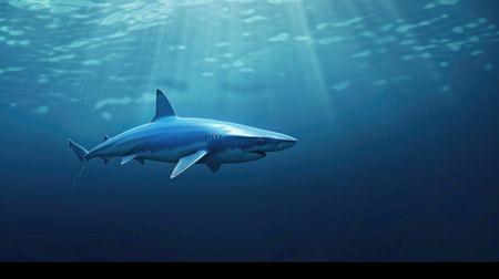 A graceful blue shark swimming effortlessly through the ocean, with its vibrant blue hue contrasting against the deep seaの素材